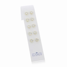 Set of 5 Sterling Silver Crown Set Prong Round 7mm CZ Stud Earrings - Gold Plated