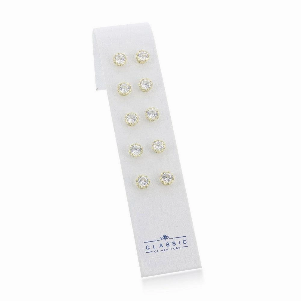 Set of 5 Sterling Silver Crown Set Prong Round 7mm CZ Stud Earrings - Gold Plated