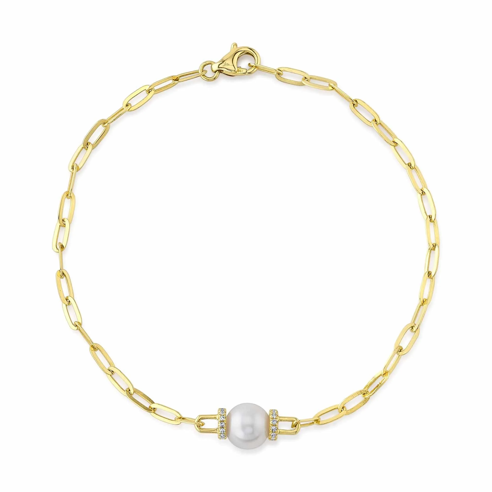 Shy Creation 0.07Ct Diamond & Cultured Pearl Paper Clip Link Bracelet SC55022626