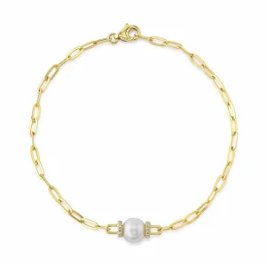 Shy Creation 0.07Ct Diamond & Cultured Pearl Paper Clip Link Bracelet SC55022626