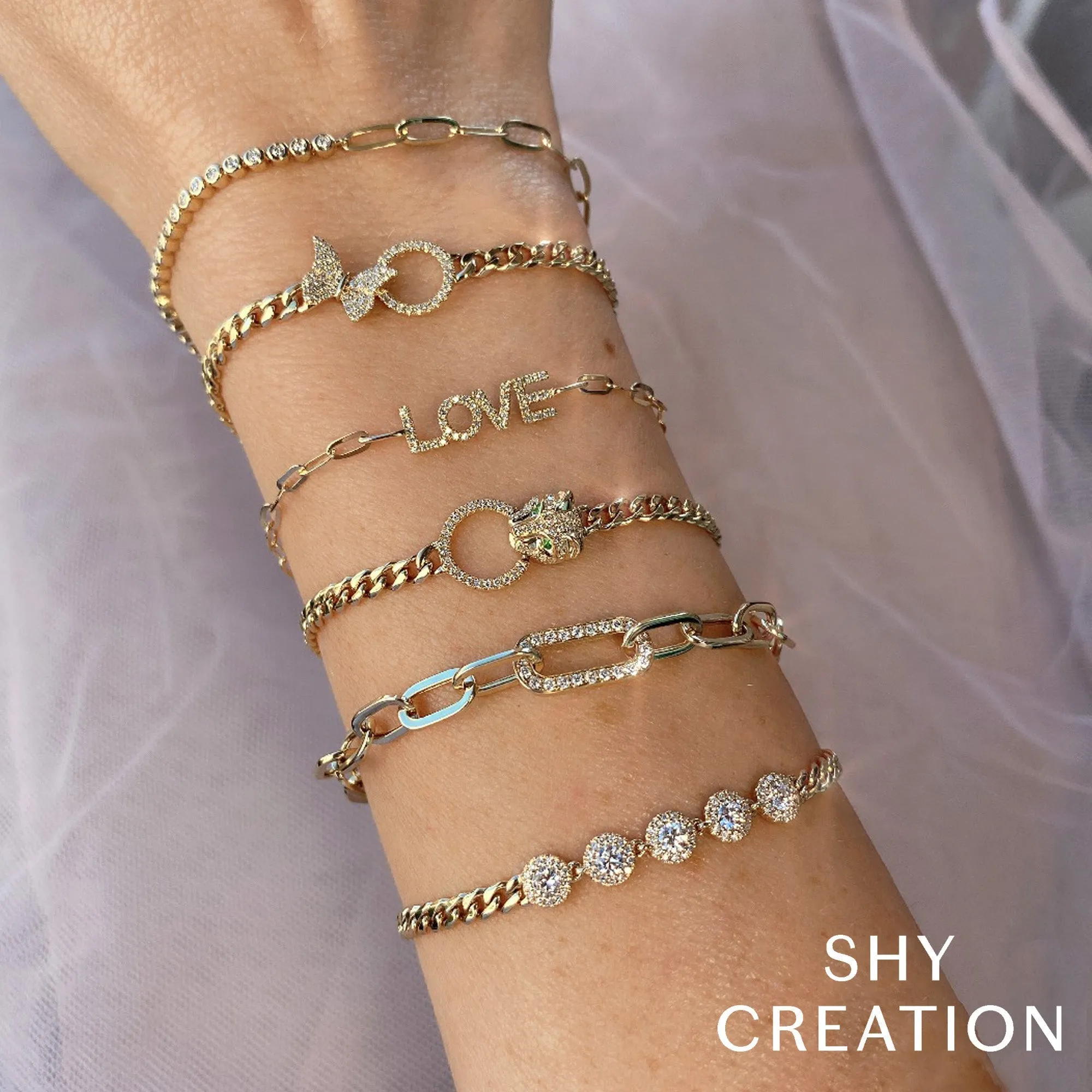 Shy Creation 0.12Ct Diamond "Love" Paper Clip Link Bracelet SC55022758