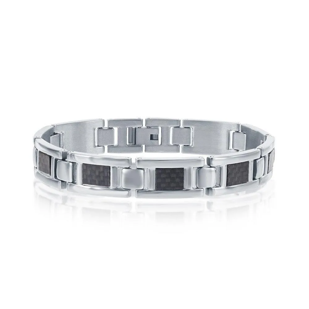Stainless Steel Black Carbon Fiber Link Bracelet, 8.5"