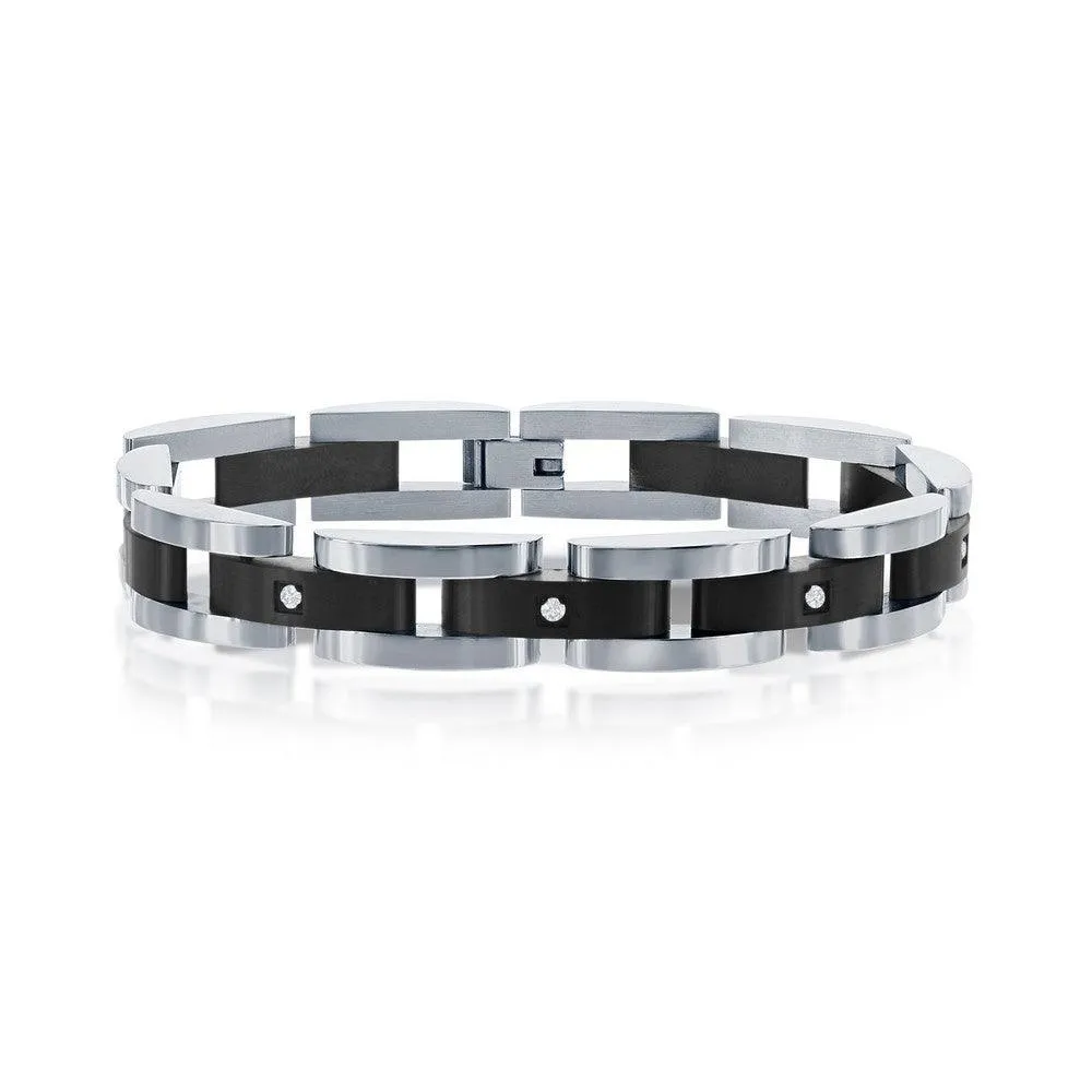 Stainless Steel Black with 5 CZ's Link Bracelet, 8.5"