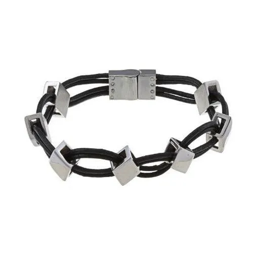 Stainless Steel Leather and Diamond Shaped Links Bracelet, 8.5"