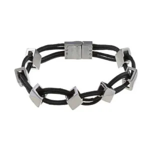 Stainless Steel Leather and Diamond Shaped Links Bracelet, 8.5"