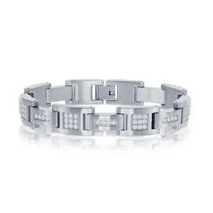 Stainless Steel Matte Cubic Zirconia Link Bracelet, 8.5"