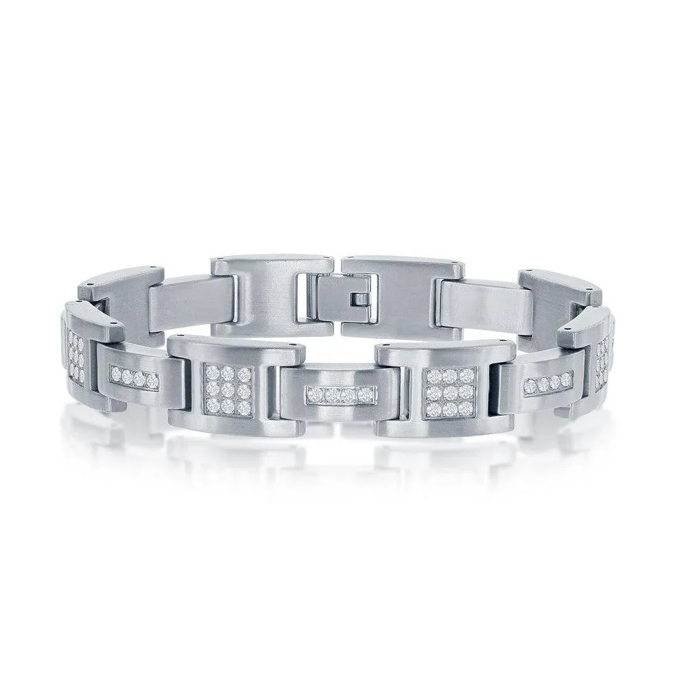 Stainless Steel Matte Cubic Zirconia Link Bracelet, 8.5"