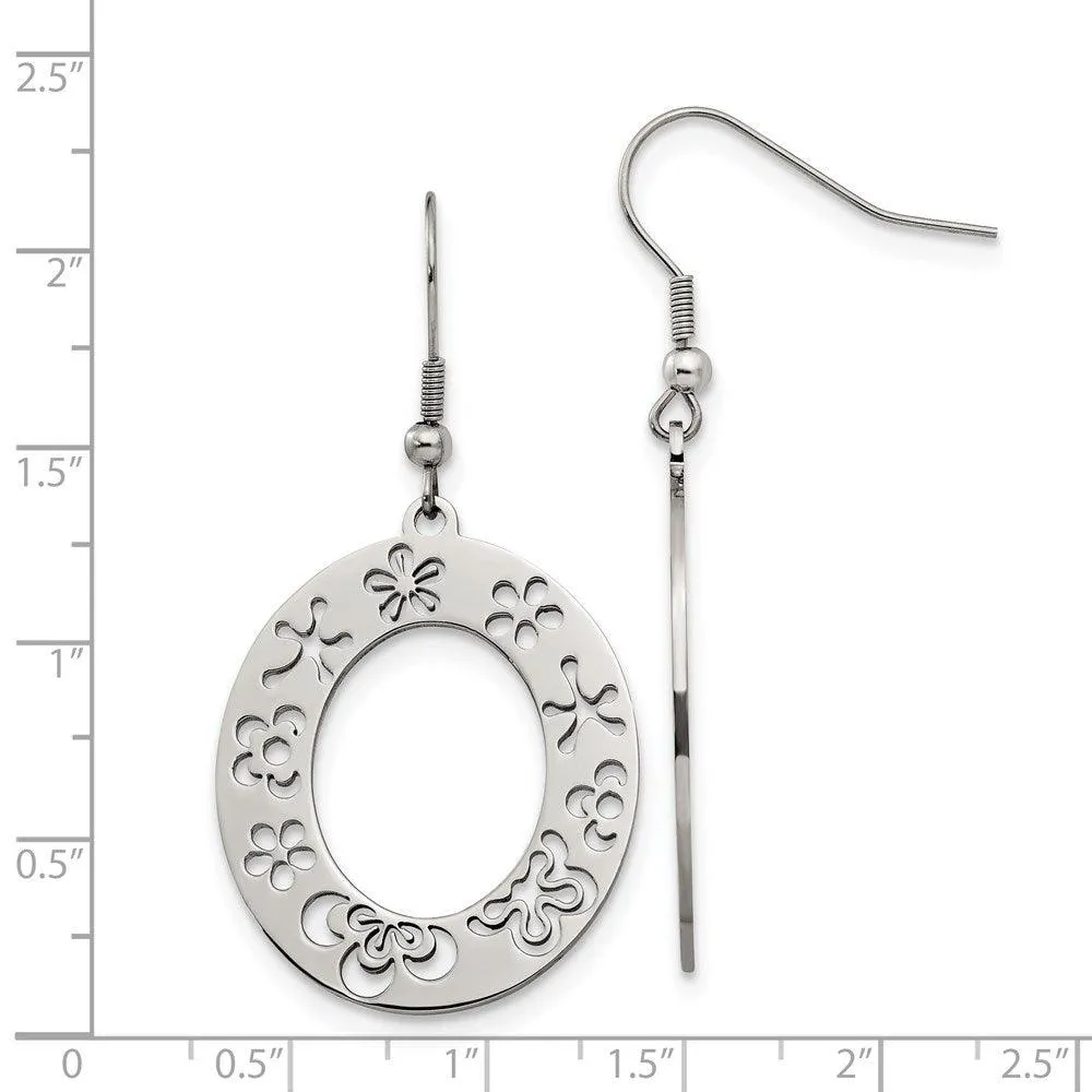 Stainless Steel Polished Flower Cut Out Shepherd Hook Earrings