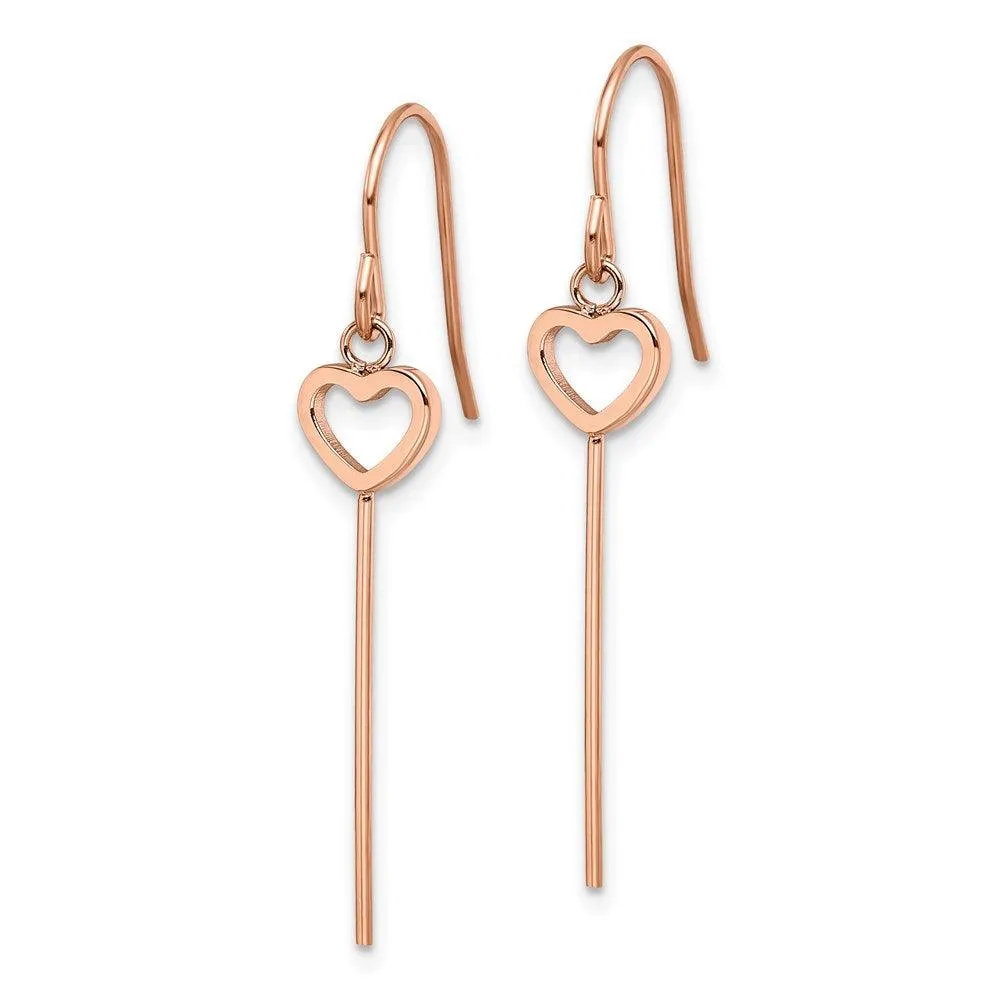 Stainless Steel Polished Rose IP Heart/Bar Dangle Shepherd Hook Earrings