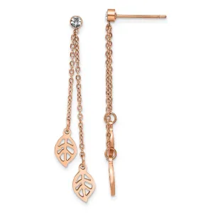 Stainless Steel Polished Rose IP-plated with CZ Leaf Post Dangle  Earrings