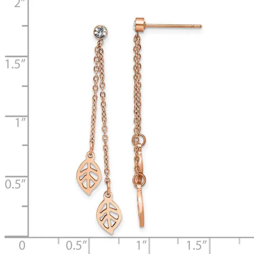 Stainless Steel Polished Rose IP-plated with CZ Leaf Post Dangle  Earrings