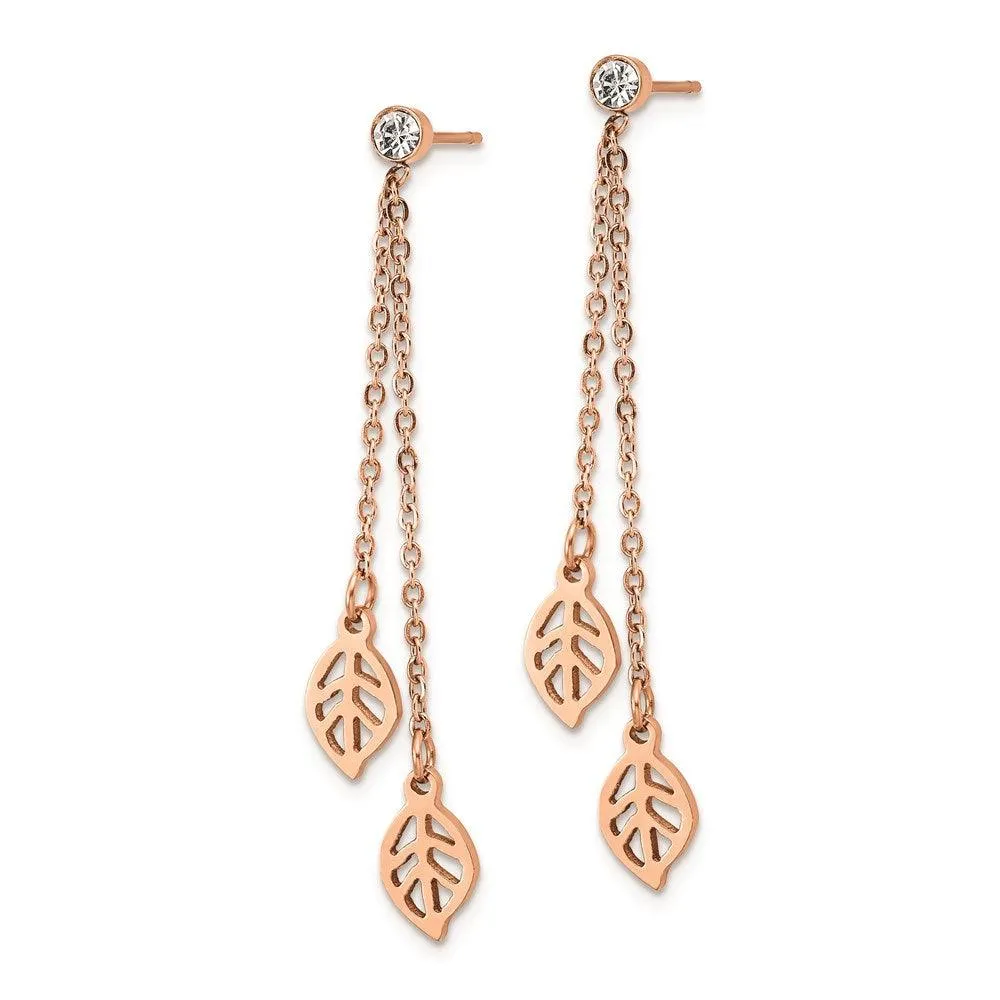 Stainless Steel Polished Rose IP-plated with CZ Leaf Post Dangle  Earrings