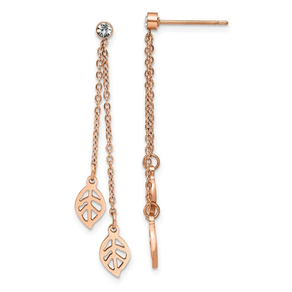 Stainless Steel Polished Rose IP-plated with CZ Leaf Post Dangle  Earrings