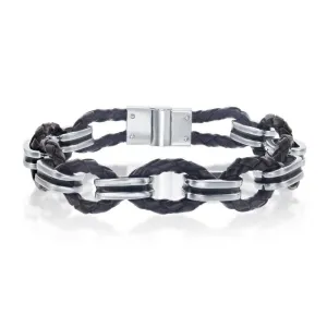Stainless Steel Woven Leather and Oval Links Bracelet, 8"
