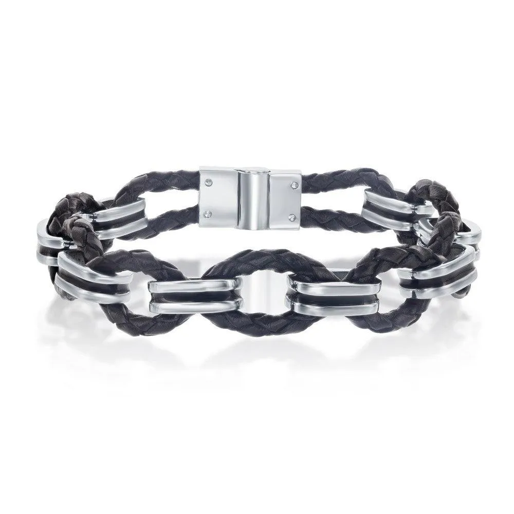 Stainless Steel Woven Leather and Oval Links Bracelet, 8"