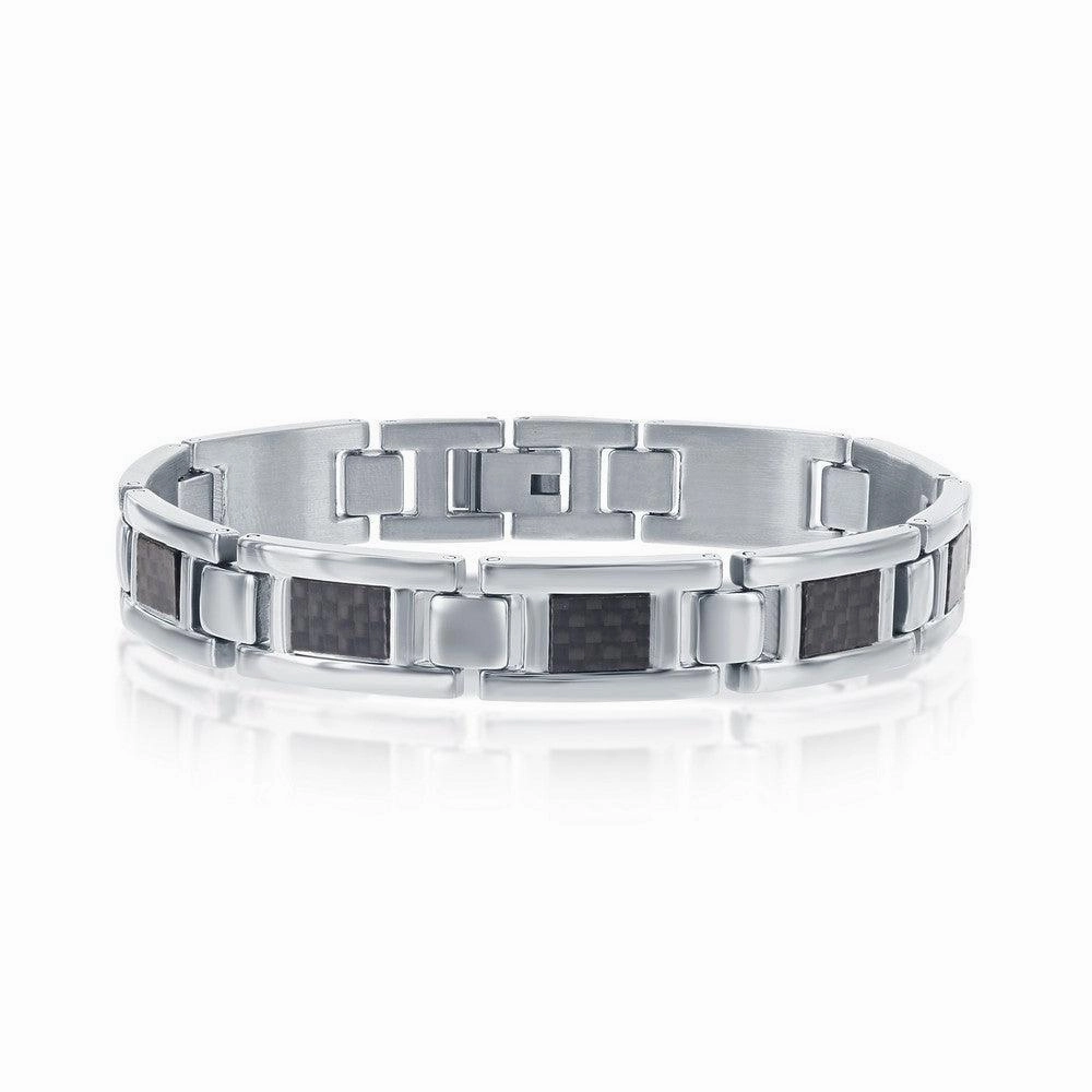 Stainless Steel Black Carbon Fiber Link Bracelet, 8.5"