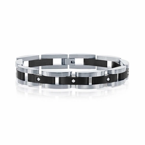 Stainless Steel Black with 5 CZ's Link Bracelet, 8.5"