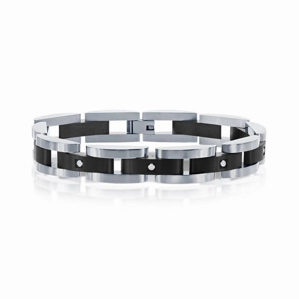 Stainless Steel Black with 5 CZ's Link Bracelet, 8.5"