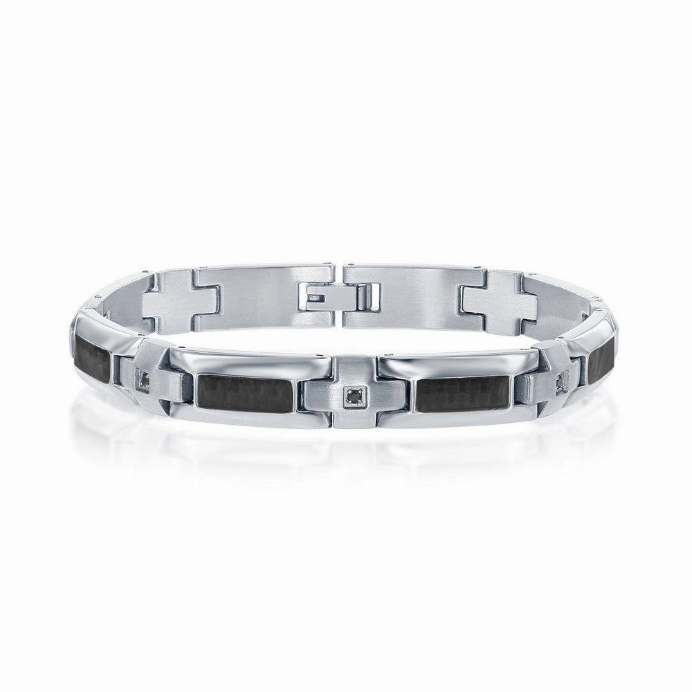 Stainless Steel Carbon Fiber Black CZ Bracelet, 8.5"