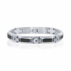 Stainless Steel Carbon Fiber Black CZ Bracelet, 8.5"