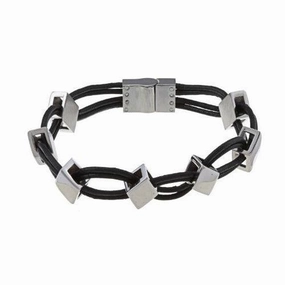 Stainless Steel Leather and Diamond Shaped Links Bracelet, 8.5"