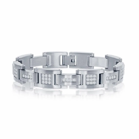 Stainless Steel Matte Cubic Zirconia Link Bracelet, 8.5"