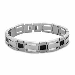 Stainless Steel Open Links with Black Squares Bracelet, 8"
