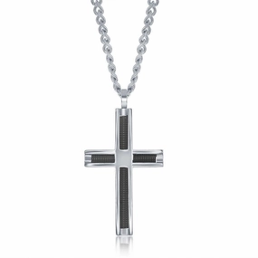 Stainless Steel Polished and Black Wire Cross Pendent With Chain