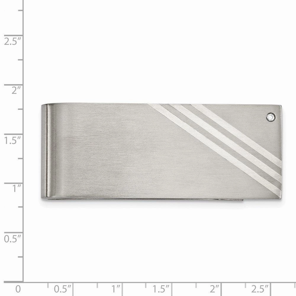 Stainless Steel Sterling Silver Inlay Brushed w/ CZ Money Clip