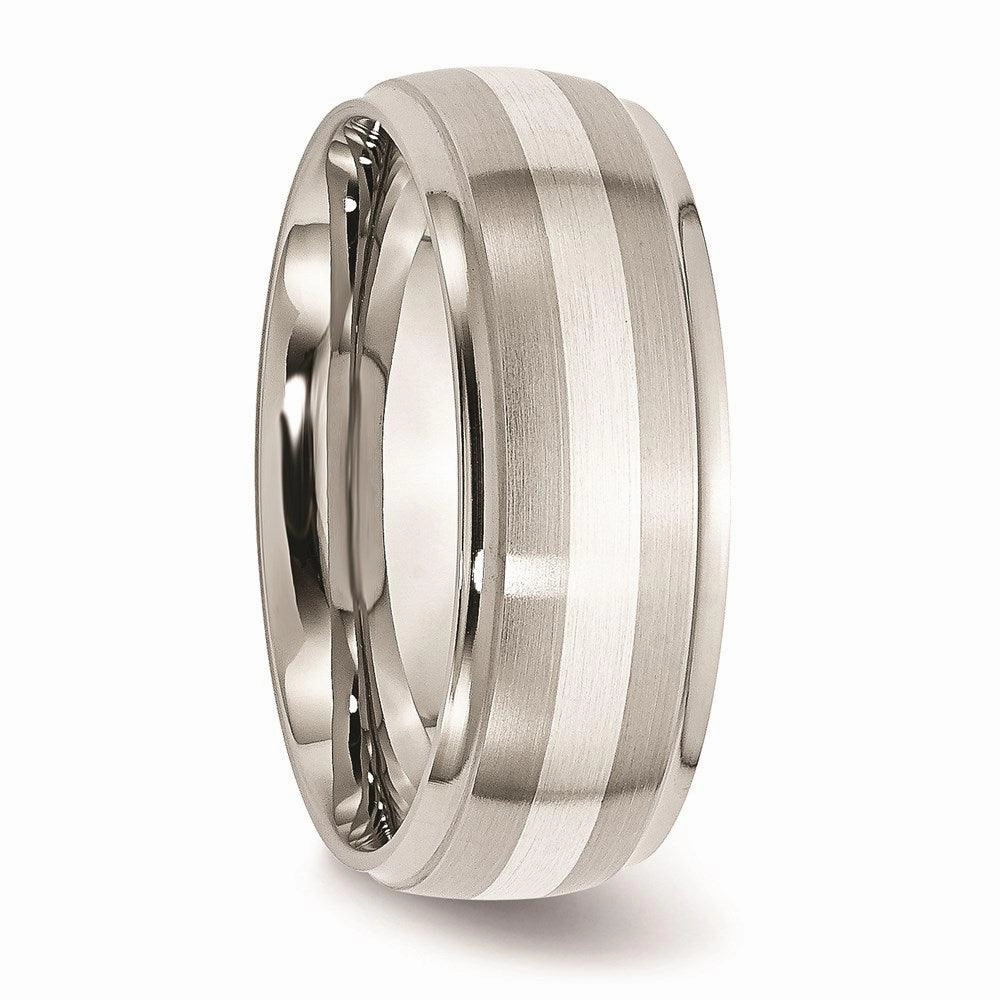 Stainless Steel Sterling Silver Inlay Ridged Edge Brushed and Polished Band