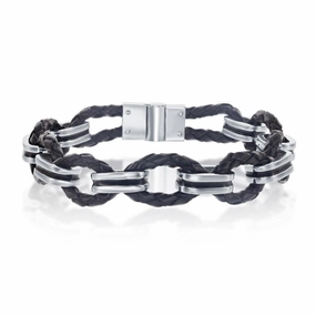 Stainless Steel Woven Leather and Oval Links Bracelet, 8"