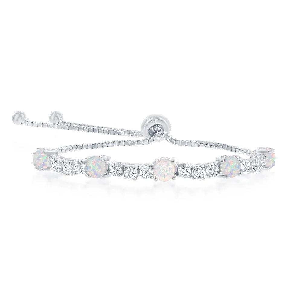 Sterling Silver 4-Prong CZ & White Opal Adjustable Bolo Bracelet