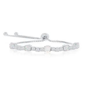 Sterling Silver 4-Prong CZ & White Opal Adjustable Bolo Bracelet
