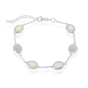 Sterling Silver Alternating Oval Micro Pave and MOP Bracelet, 7"