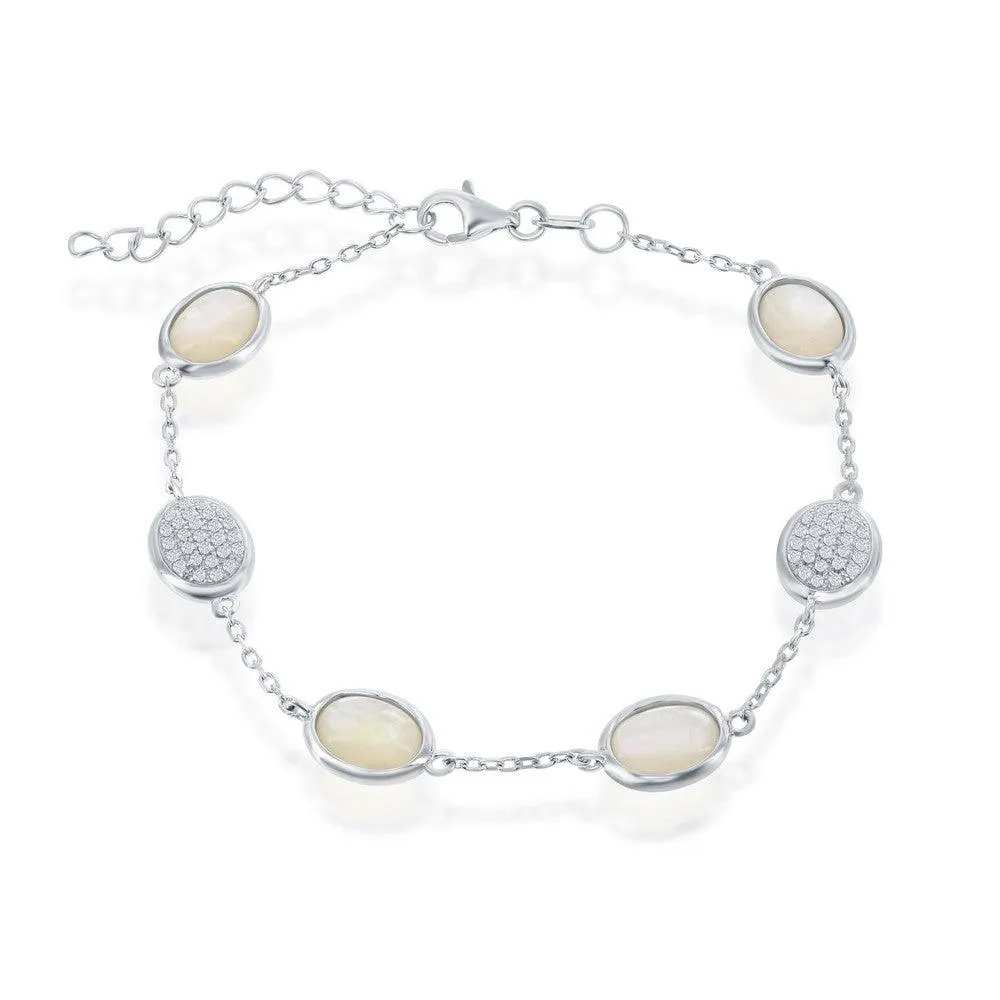 Sterling Silver Alternating Oval Micro Pave and MOP Bracelet, 7"