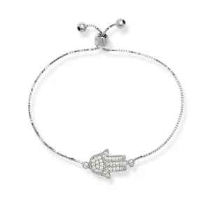 Sterling Silver Box Chain with Center CZ Hamsa and Beads Bracelet