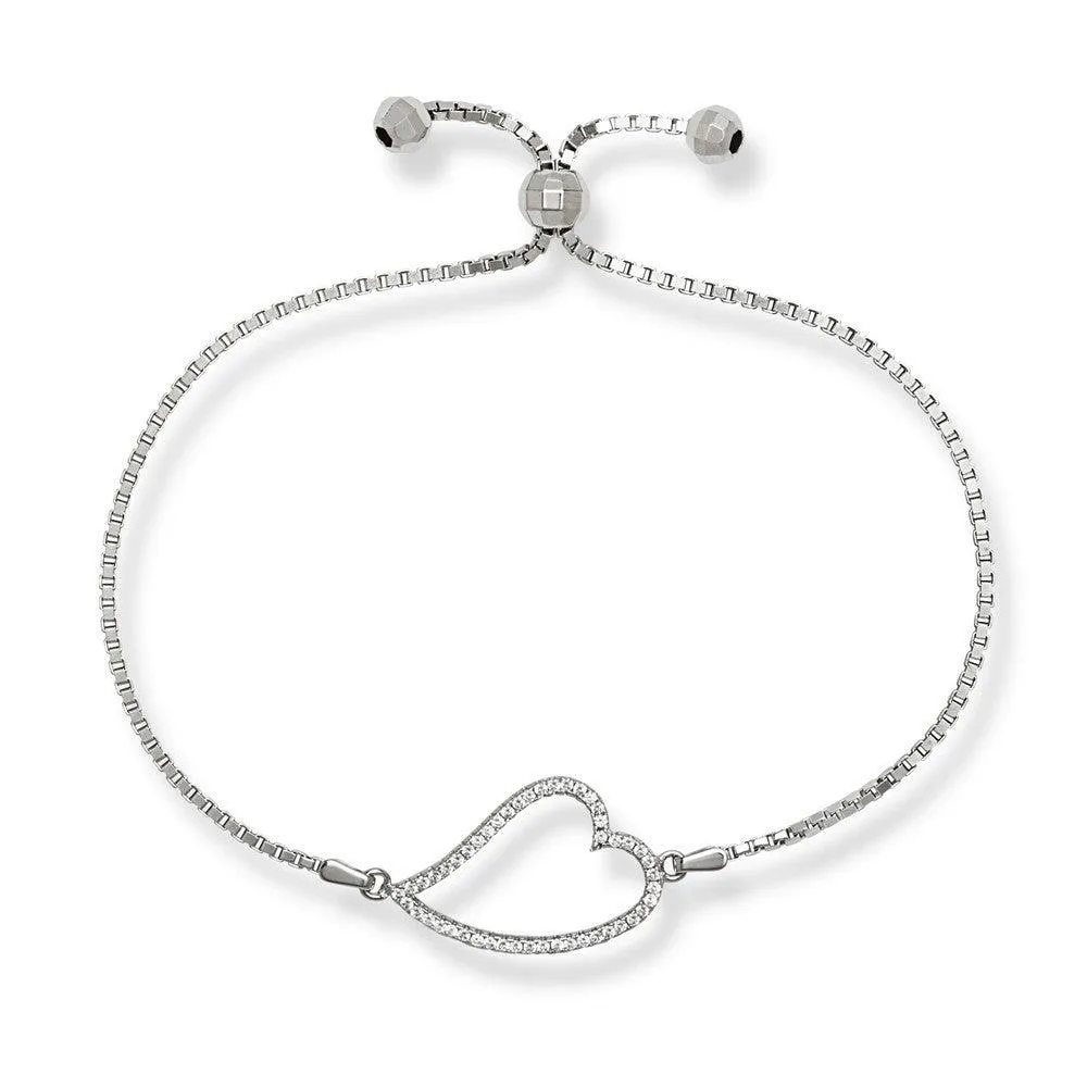 Sterling Silver Center Open CZ Heart and Beads Box Chain Bracelet
