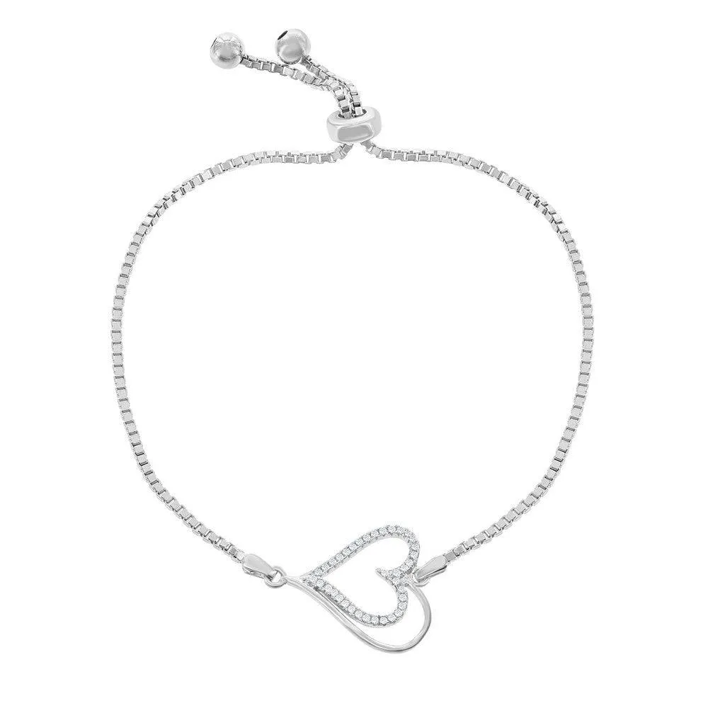 Sterling Silver Center Open CZ Heart and Beads Box Chain Bracelet