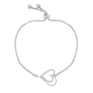 Sterling Silver Center Open CZ Heart and Beads Box Chain Bracelet