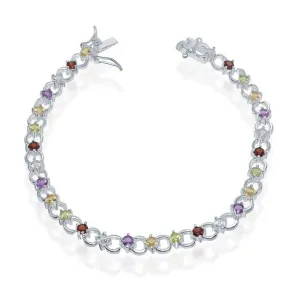 Sterling Silver Circle Linked Bracelet with Multicolor Gemstones