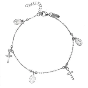 Sterling Silver Cross and Medal Charm Bracelet, 7"