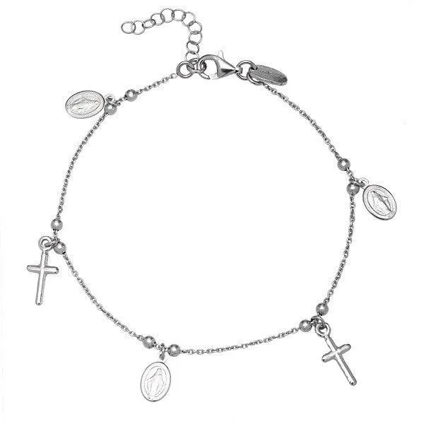 Sterling Silver Cross and Medal Charm Bracelet, 7"