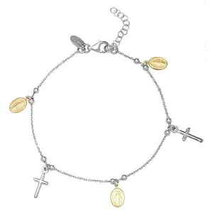 Sterling Silver Cross and Medal Charm Bracelet, 7"