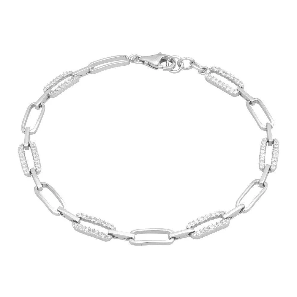 Sterling Silver CZ and Shiny Lightweight Open Linked Bracelet, 7"