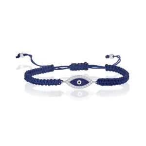 Sterling Silver CZ Evil Eye on Navy Blue Cord Bracelet, 7"