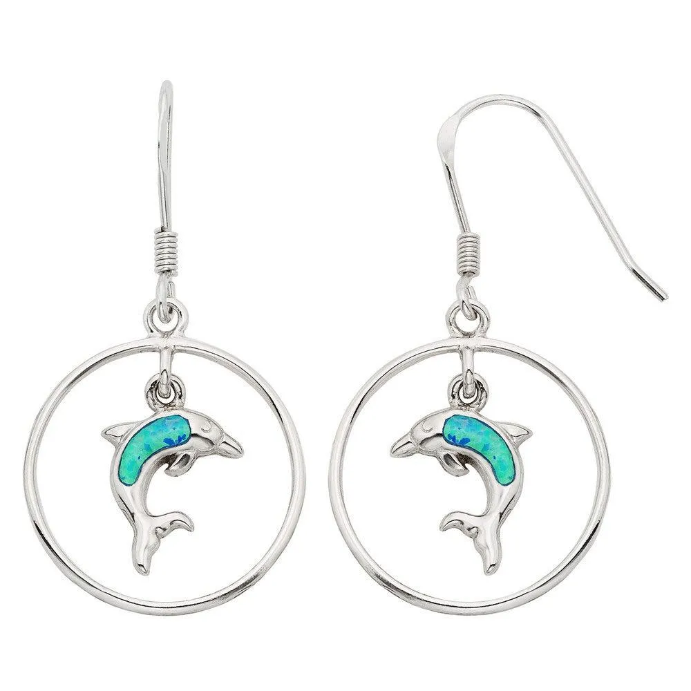 Sterling Silver Dangling Opal Dolphin Earrings