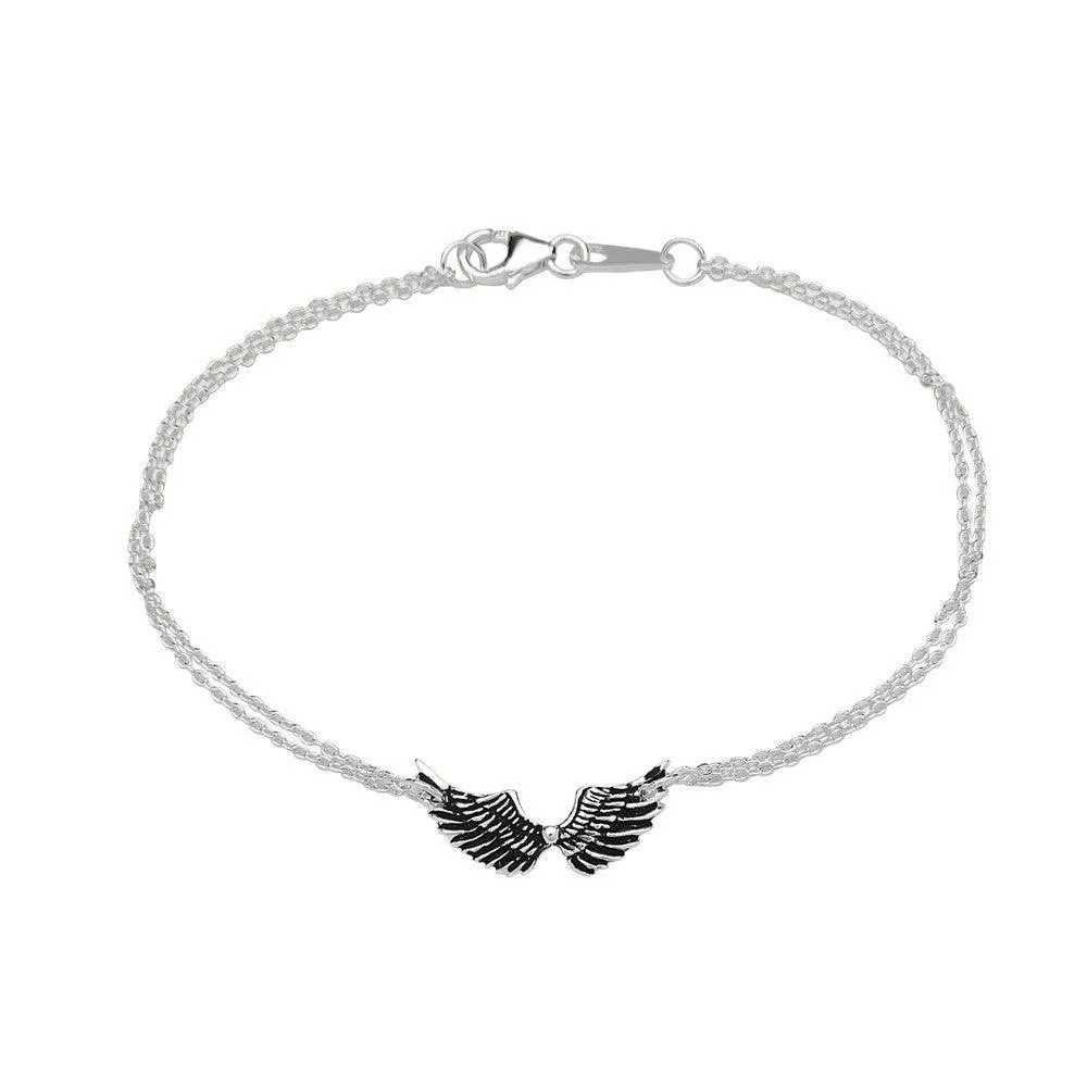 Sterling Silver Double Chain Small Wing Bracelet