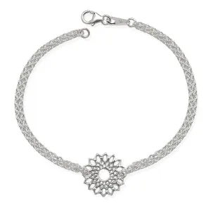 Sterling Silver Double Strand with Center Flower Bracelet, 7.5"