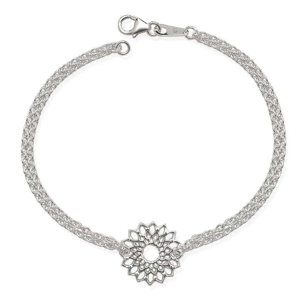 Sterling Silver Double Strand with Center Flower Bracelet, 7.5"