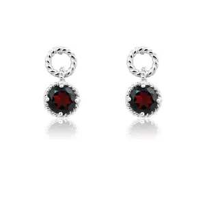 Sterling Silver Garnet Gemstone Twisted Wire Circle Earrings